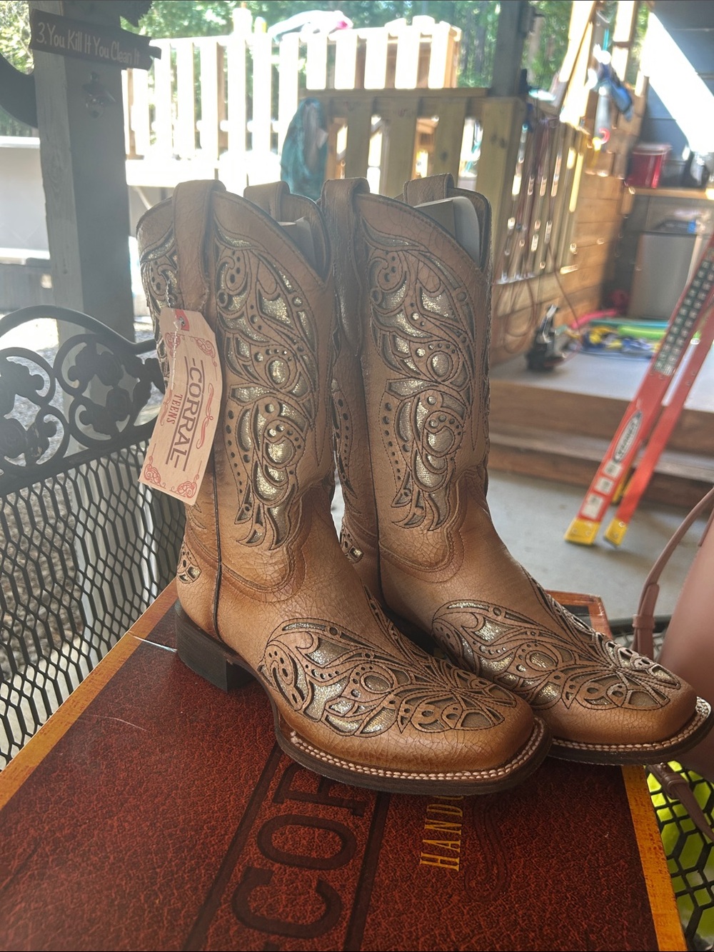 Corral Tan Brown Leather Women's Lace-Up Western Boots with Metallic Inlay